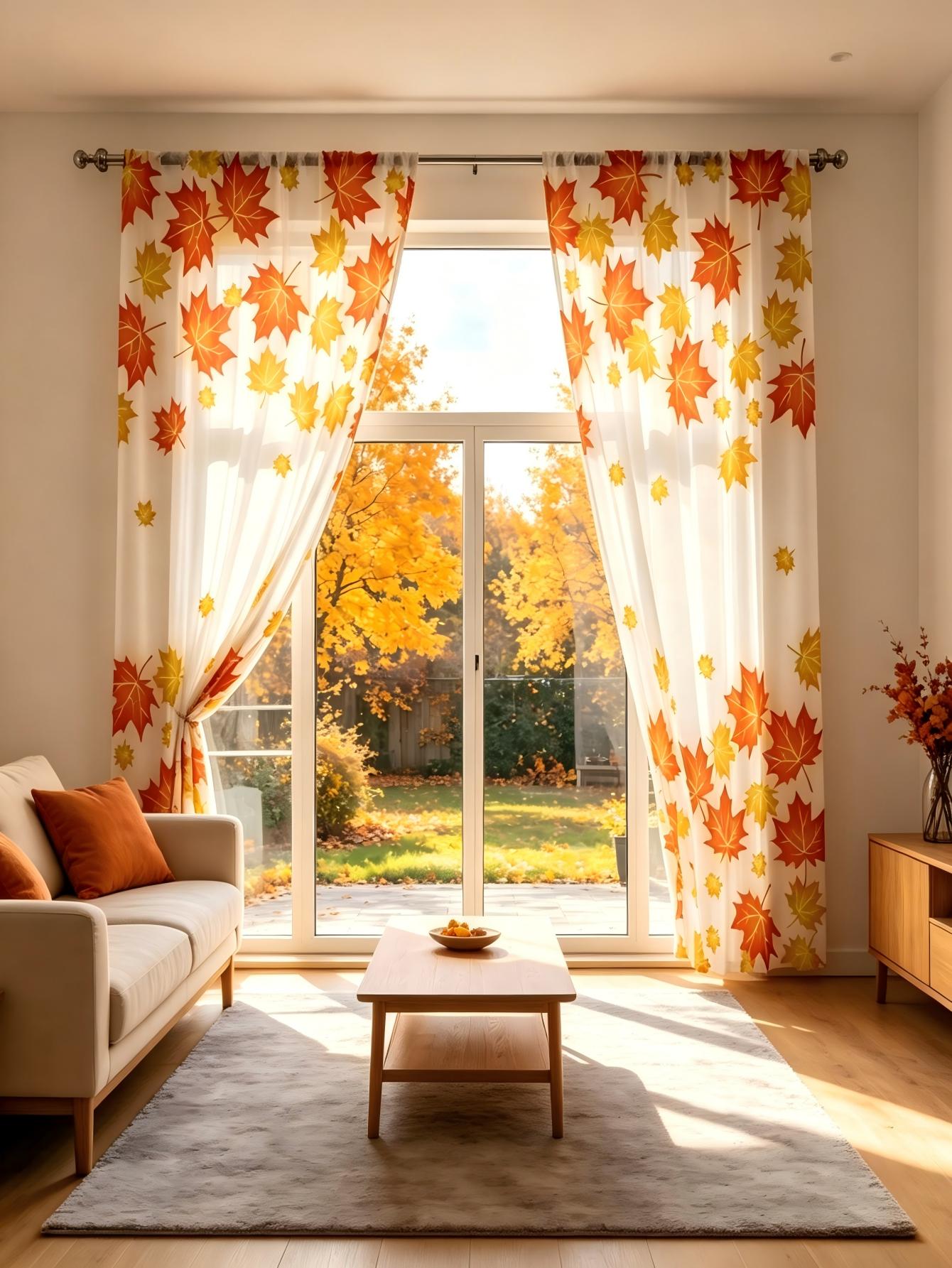 Home Decor Yellow - 2PCS Cortina Transparente com Estampa Digital,