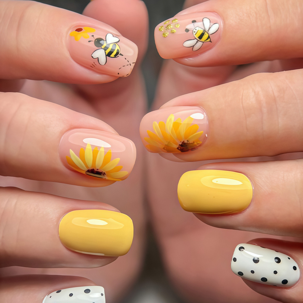 Home Decor Yellow - Unhas postiças curtas quadradas para mulheres