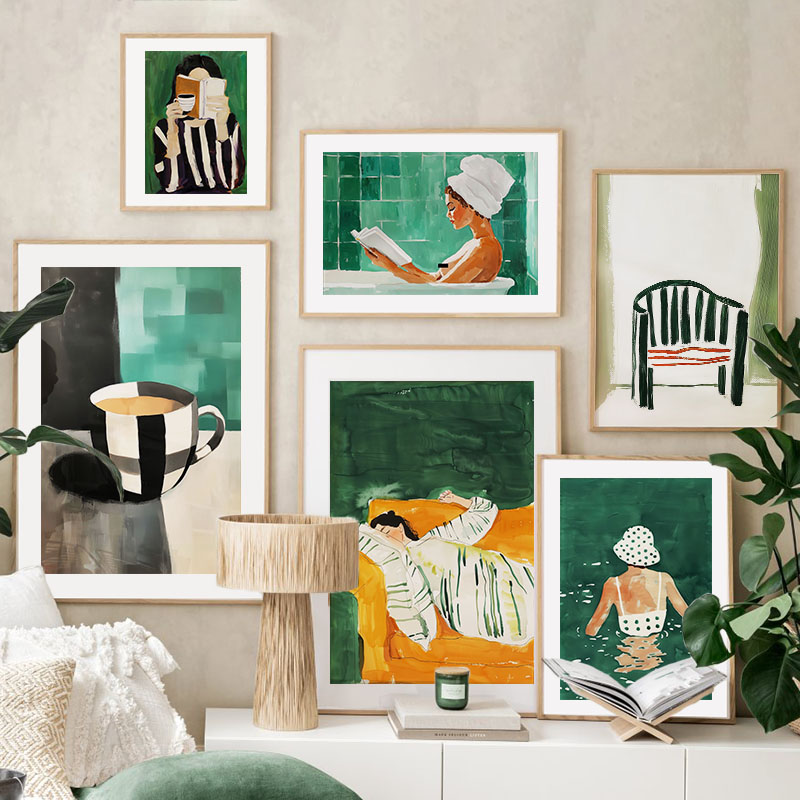 Home Decor Green - Verde listrado menina livro café banheira